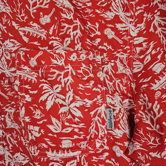 Columbia PFG Omni-Shade Tropical Coral Palm Tree Button Up‎ Shirt Red White M - Picture 10 of 14